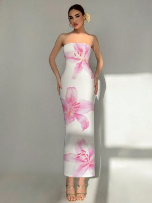 Aloruh Vestido largo elegante con estampado floral de lirio para mujer, blanco y rosa, bandeau, ajustado, chic, perfecto para cena de verano, vacaciones en la playa & resort